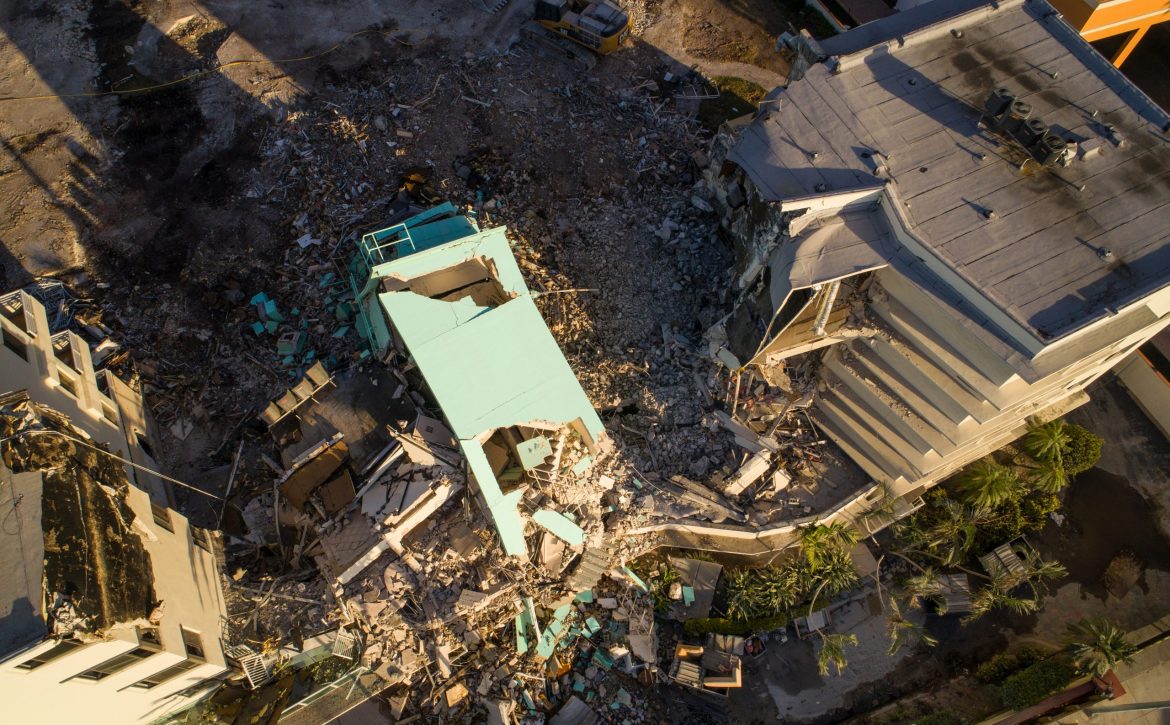 Building demolition rubble aerial drone image
