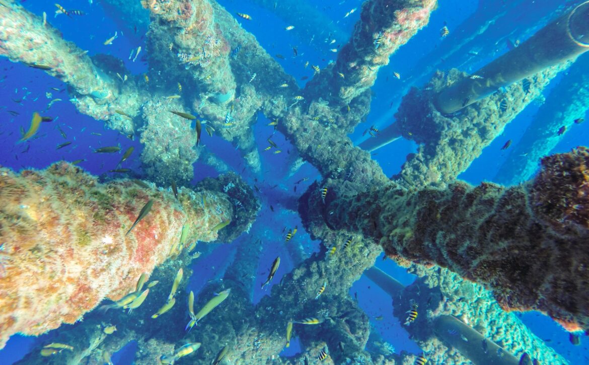 Oil and gas wellhead platform, Driving under water shooting in low light, productiontubing casing and platform structure with marine growth and rust.